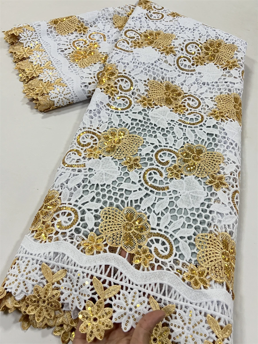 Afrikanische Guipure-Schnur-Spitze und Stoff, goldene Pailletten, nigerianische wasserlösliche Spitze, Abendparty-Kleider für Frauen, Nähen, 2,5 Yards4086