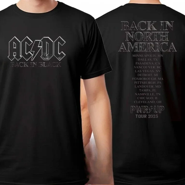 التيار المتناوب تيار مستمر PWR UP أستراليا جولة 2025 البضائع الجرافيك طباعة المحملة عادية القطن مع قائمة التواريخ للطباعة للجنسين المتضخم تي شيرت