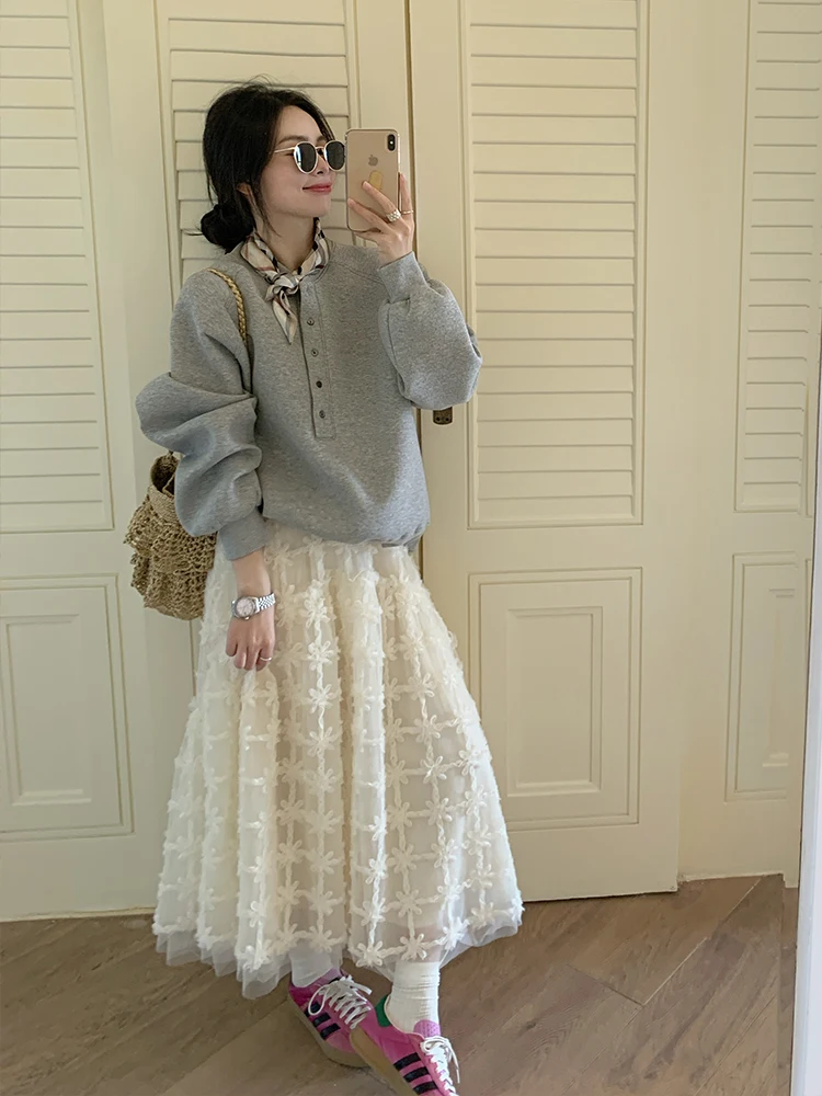 

Gold Suzhi One Spring Summer High Waist Embroidered Floral f Skirt Women's Puffy Fairy White Slimming A-Line Skirt