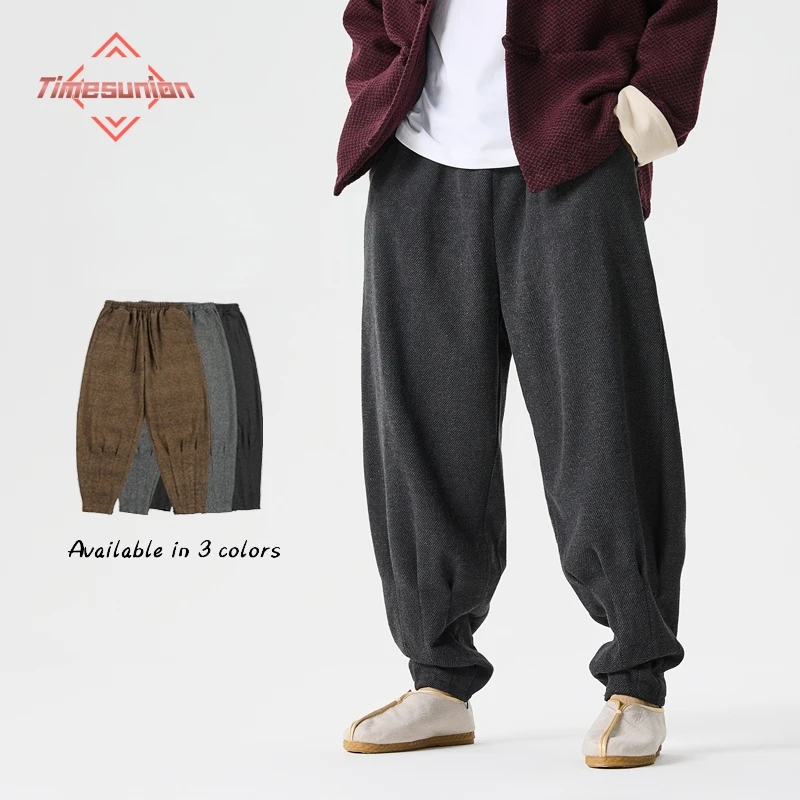 

Japanese System Men's Wide Leg Pants Straight Tube Trousers Woolen Material Hallen Pants Autumn Winter Loose Fit Harajuku