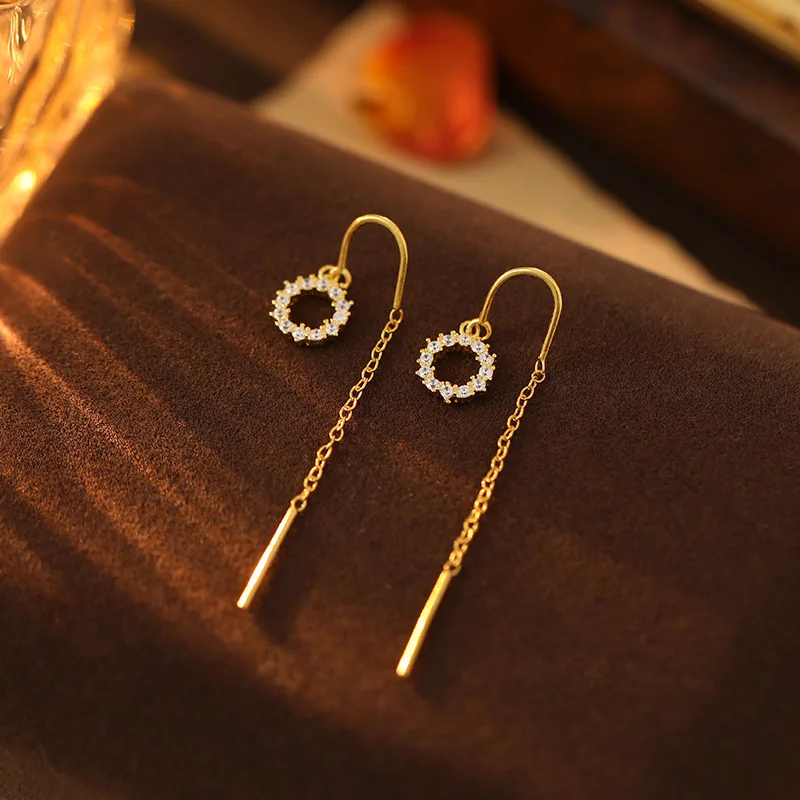 925 Sterling Silver Korean Geometric Inlaid Zircon Circular Tassels Earrings for Women  Temperament Jewelry