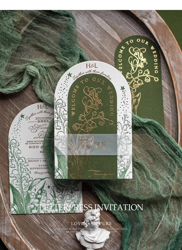 

European Style Arch Shaped Letterpress Green Wedding Invitations High Grade Handmade Customized Personalized