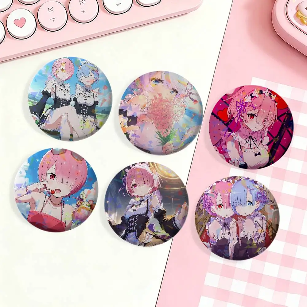 Anime R-Re Zero Rem 2pcs Laser Badge Round Exquisite Brooches Creative Pins For Clothes Hat Accessories