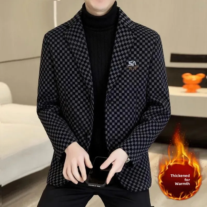 Autumn Winter Men's Short Casual Thickened Woolen Suit Jacket Slim Fit Long Sleeve Button up Travel Friendly Warm Coat