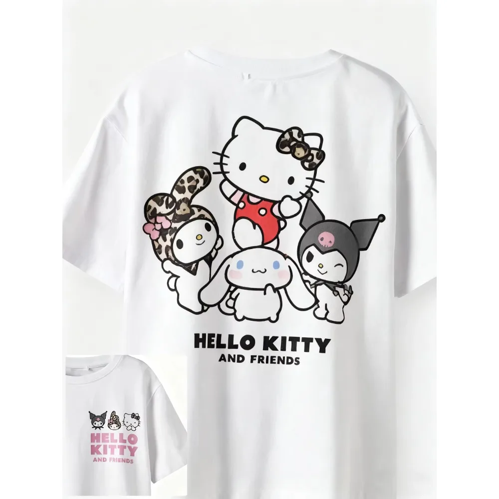 

Новая летняя футболка с рисунком Hello Kitty и ее подружек, милый дизайн, 100% хлопок, игривый стиль, подходит для повседневной носки.