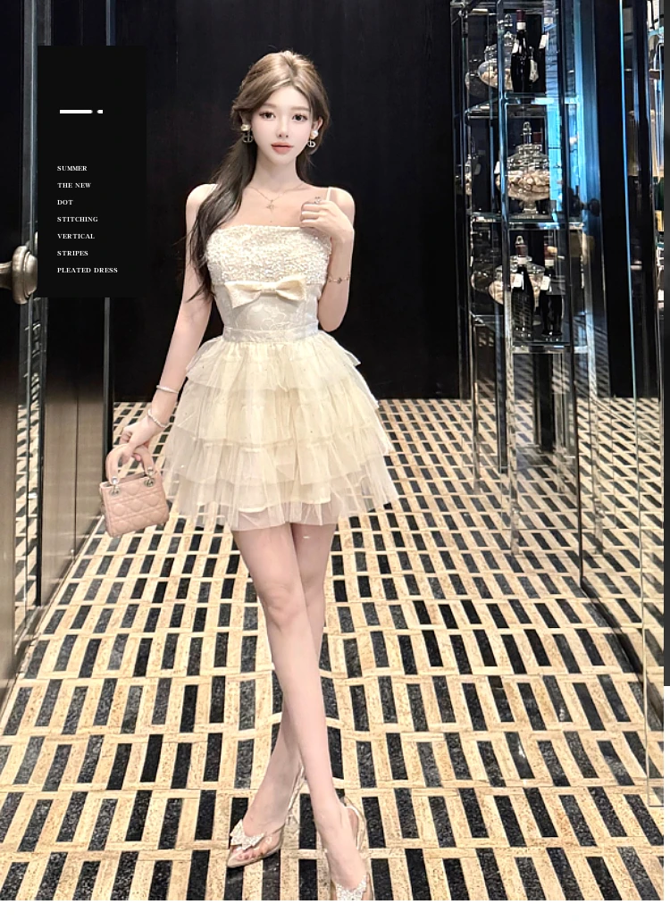 Sequin Spaghetti Band Balletcore Tule Jurk Vrouwen Taille-Defining Slanke Gezwollen Rok Feestavondjurk Elegante Prom Ballerina