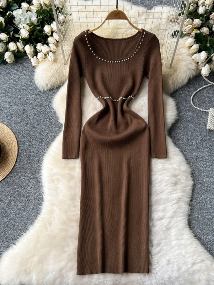 

women casual elegant street style skirt autumn winter nail bead square collar high waist slim knit hip hugging dress for women