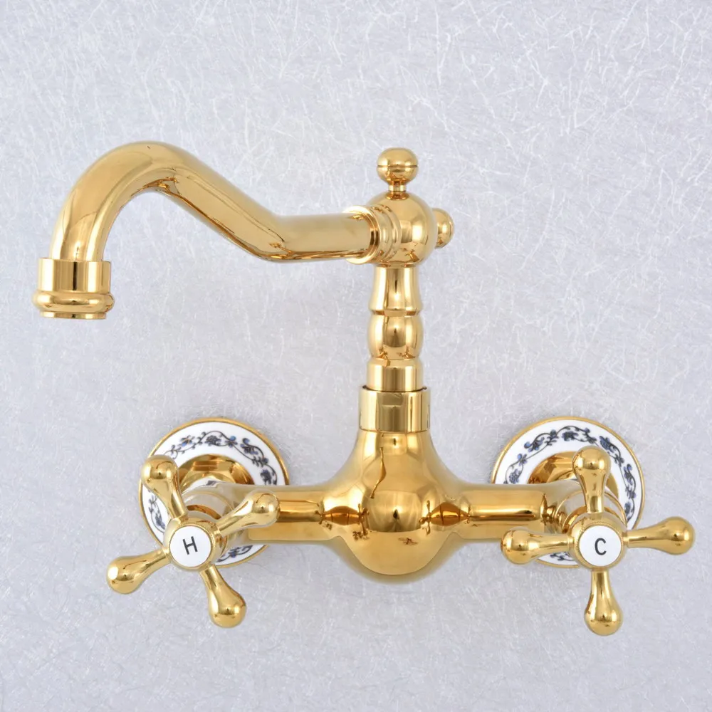 

Polished Gold Color Brass Bathroom Kitchen Sink Basin Faucet Mixer Tap Swivel Spout Wall Mounted Dual Cross Handles msf619