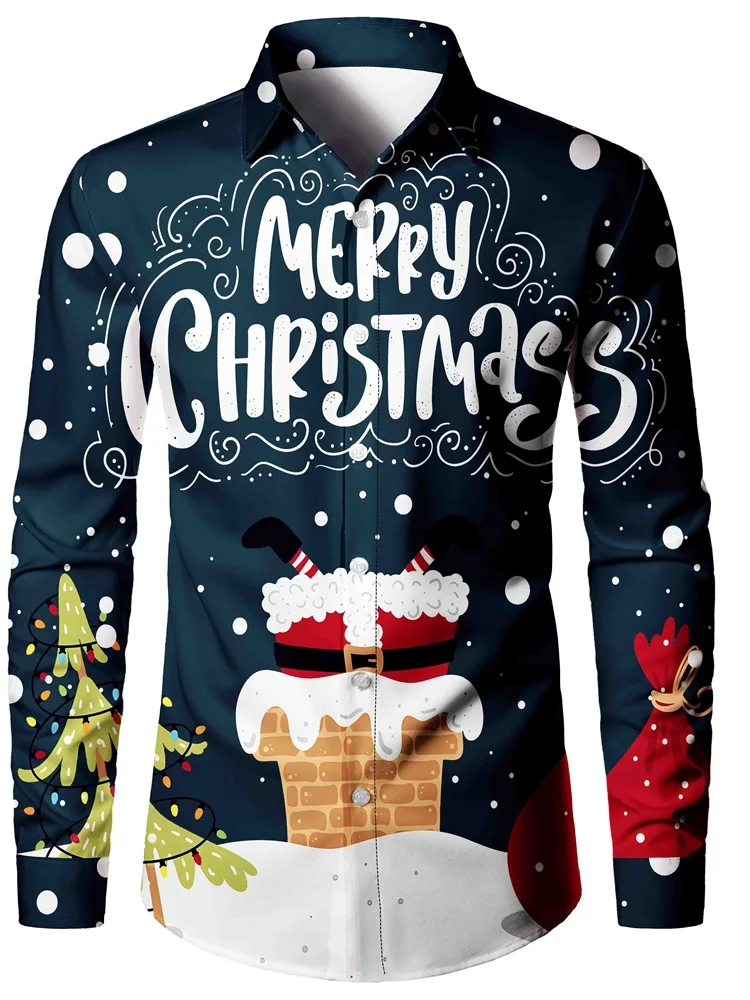 

Santa Claus Diamond Chimney Print Men's Long Sleeve Shirt Christmas Men's Shirt Street Fashion Men's Single Breasted Shirt