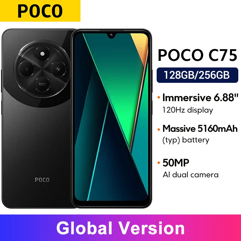 POCO C75 Global Version Helio G81-Ultra 5160mAh Battery NFC 6.88'' 120Hz Display Xiaomi HyperOS 50MP AI dual Camera