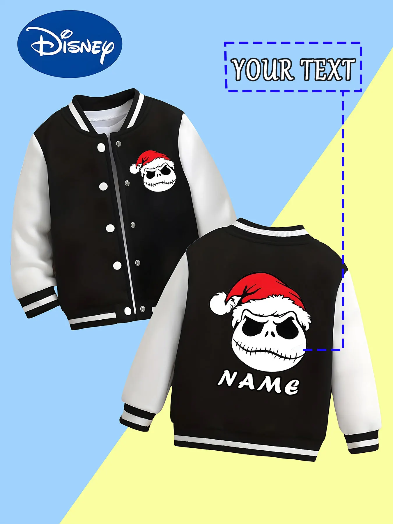 

MINISO Disney Nightmare Before Christmas themed children's baseball jacket - with a Santa hat and skull image, personalized and
