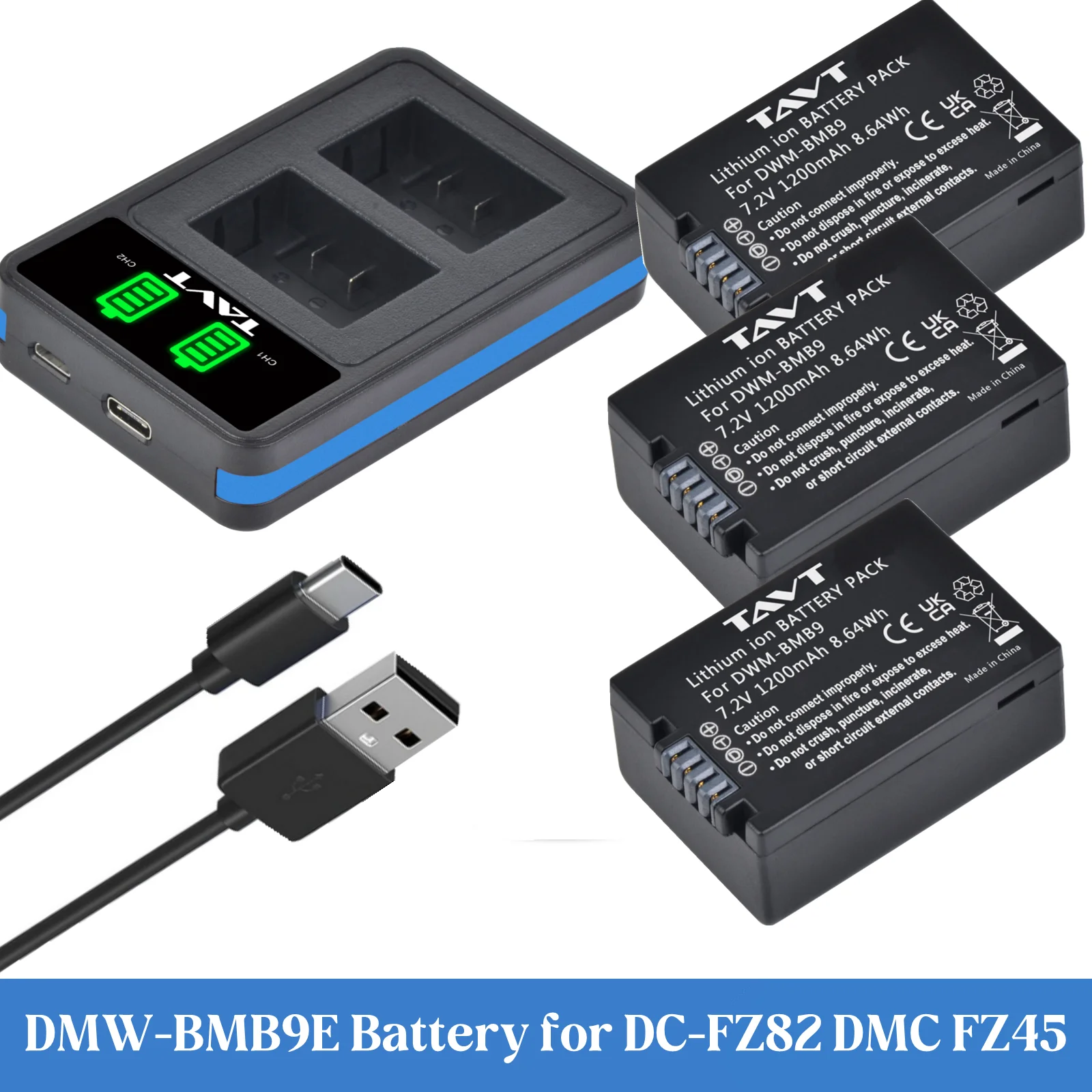 1200mAh DWM-BMB9 BMB9E Battery+Charger with Type C Port for Panasonic Lumix DMC FZ40K FZ47K FZ48K FZ60K FZ62 FZ72 FZ80 BMB9PP