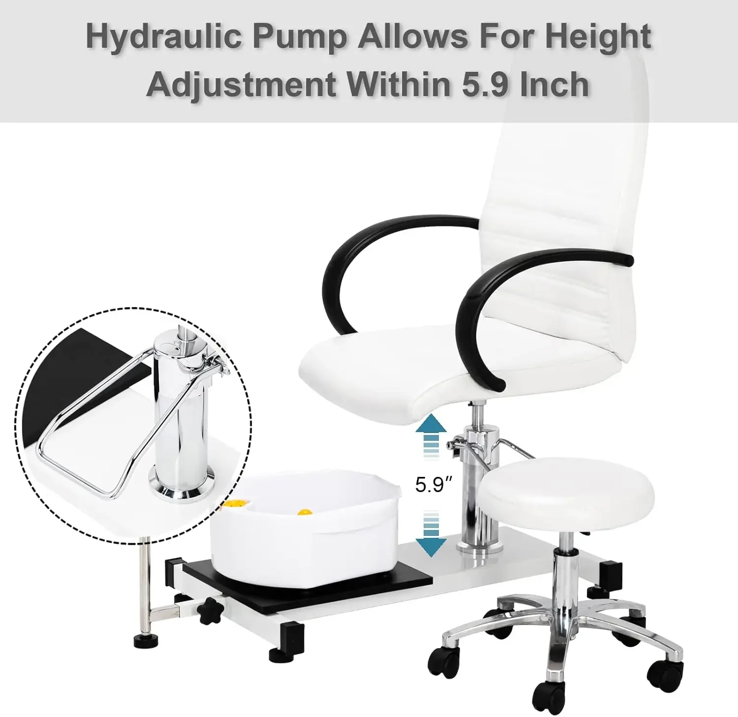 Chaise de pédicure blanche avec tabouret et bain de pieds de massage à bulles, chaise Pedi hydraulique pour module d'ongle, spa de beauté, station de salon, station Te