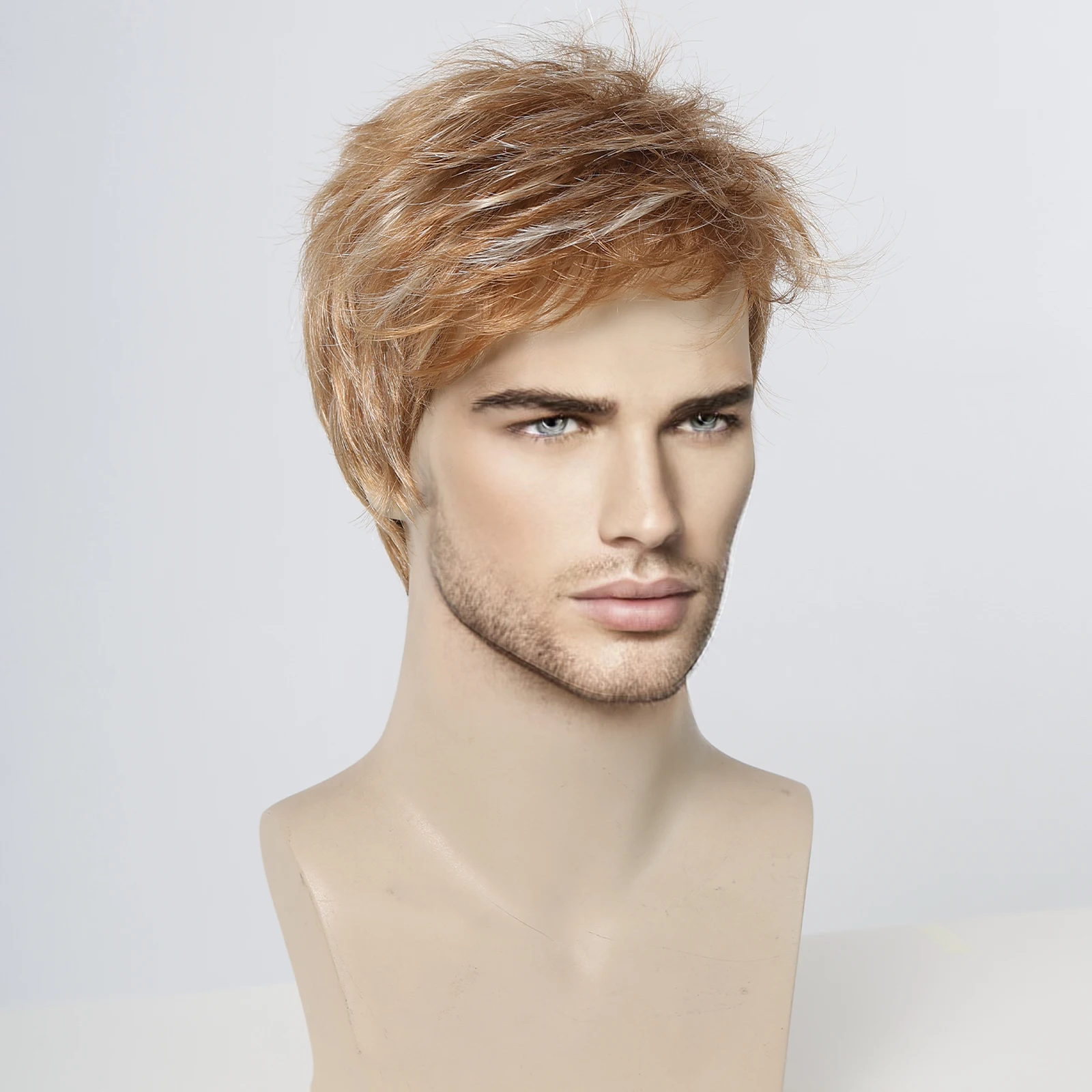 ALAN EATON Mixed Light Brown Men Wig Short Straight Natural Wigs Blonde Highlight Pixie Cut Hair Synthetic Wig for Daily Party