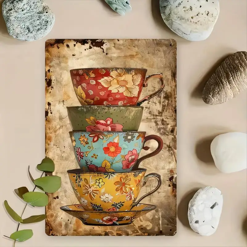 Vintage Distressed Metal Tin Sign, Stacked Colorful Floral Teacups Design - Retro Wall Art for Home Kitchen Cafe Decor, Iron, Ro