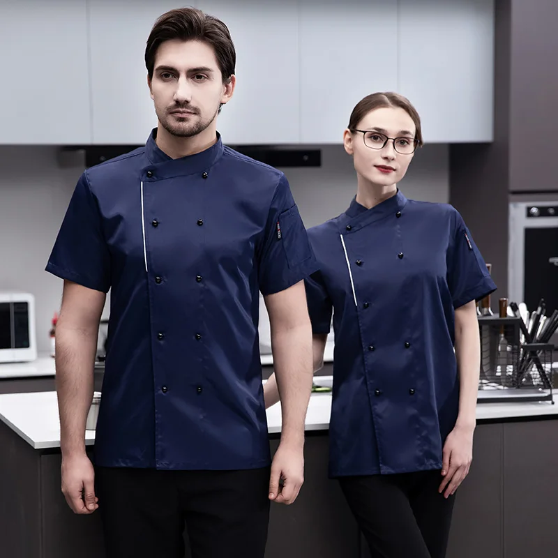 Chemise de chef pour hommes, uniforme à manches courtes, veste de travail, manteau pour hôtel, restaurant, cuisine, col montant, vêtements de service de restauration, logo imprimé