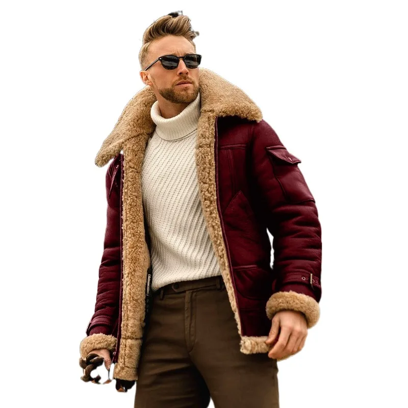 Men's Leather Jacket with Turn Down Collar, Windbreaker, Fleece Jacket, Thick Outwear, Warm Streetwear, Winter Fashion, New 2024