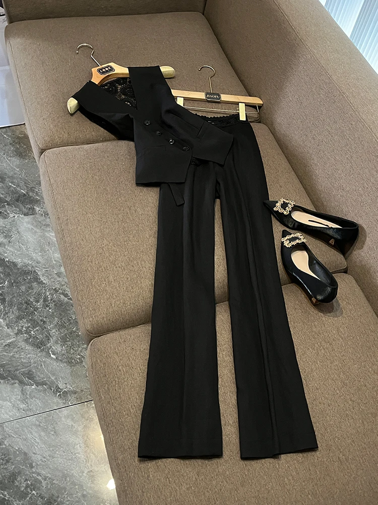 

New Advanced Faion Lace Splicing Lightweight Linen Vest Wide Leg Pants Two-Piece Set U396 Women's Ensemble