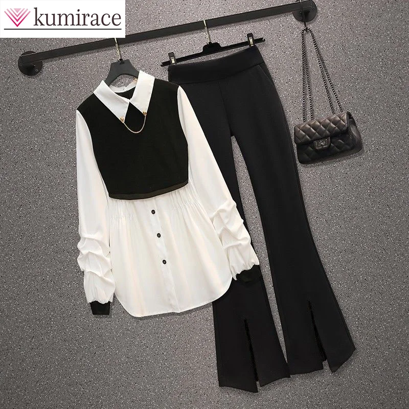 Early Autumn 2023 Korean Version New Fake Two Piece Shirt Split Flare Pants Two Piece Set for Women Clothes for Women Pant Sets