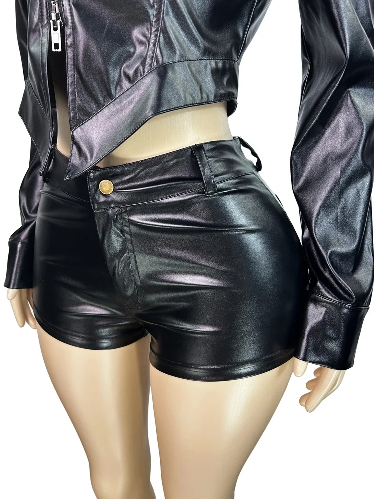 Zweiteiliges Set im Y2K-Punk-Stil für Damen mit Reißverschluss, PU-Leder, bauchfreie Jacke und sexy Shorts, Damen-Outfits, Streetwear, passende Sets – Detail 9