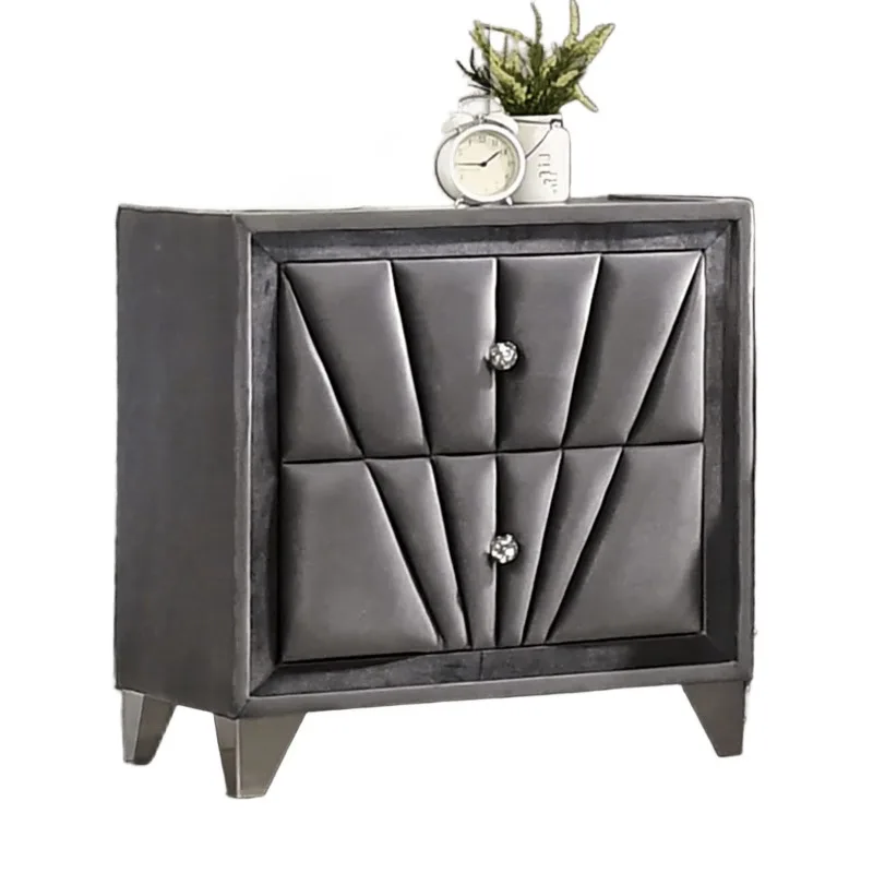 Fully upholstered frame bedside table, grey fabric, glass acrylic knobs, glass top, chrome legs