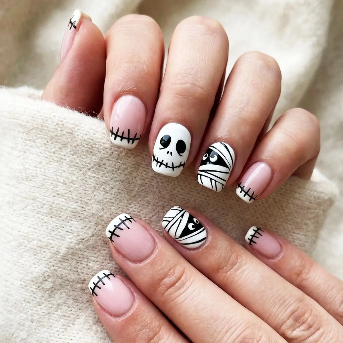 24Pcs Square Short Coverage Press On Nails Halloween White and Black Mummy Funny Fake Nails Cute Ghost Reusable False Nails