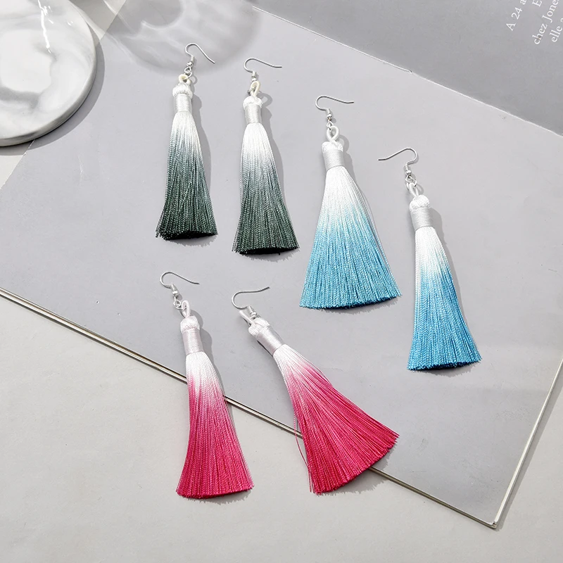 Bohemian Colorful Tassel Long Dangle Drop Earrings For Women Girls Ethnic Vintage Silk Fabric Hanging Fashion Jewelry Wholesale