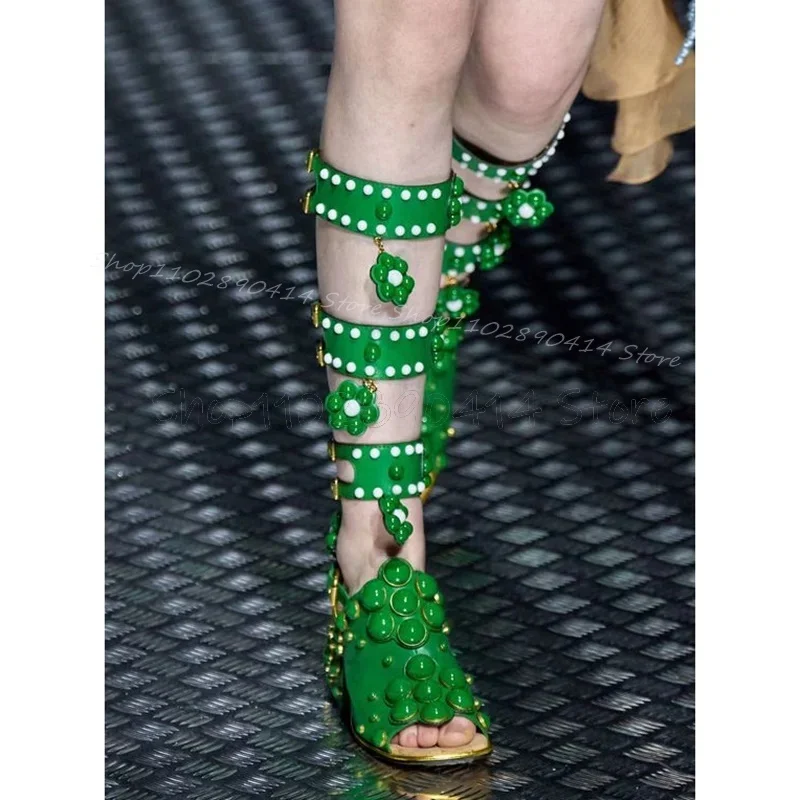 

Green Flower Pattern Round Rivets Decor Sandals Boots Slip On Women Shoes Thin High Heels Fashion Party 2025 Zapatos Para Mujere