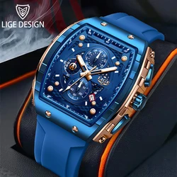 LIGE Men Watches Top Brand Luxury Square Silicone Watch For Men Fashion Military Quartz Waterproof Chronograph Relogio Masculino