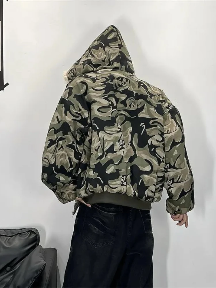 للجنسين الشتاء التمويه قماش الفراء طوق معطف شيربا اصطف المتضخم البخاخ مقنعين سترة زوجين مطابقة الشارع القطن سترات #3