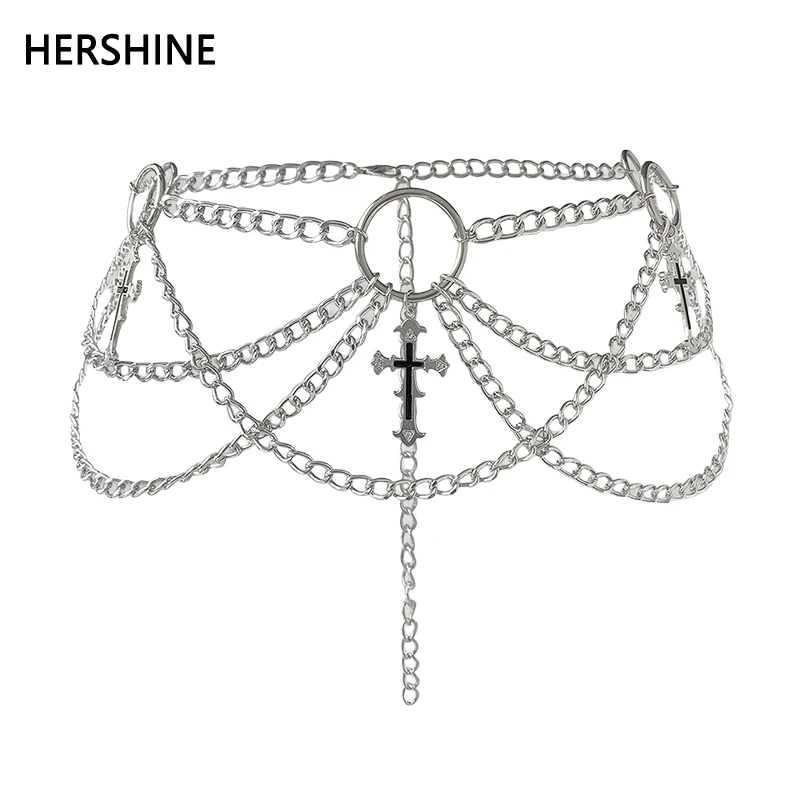 HERSHINE Women's Silver Fashion Cross Chain Metal Waist Chain, Y2K Gothic, Harajuku, Punk, Rock, Hip Hop, Cosplay，spring，summer