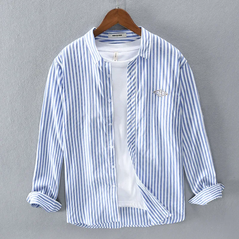 Japanese Vintage Striped Shirt for Man Daily Casual Shirts Lapel Long Sleeve Mens Tops Slim Fit Shirt Spring Fall Mens Clothing