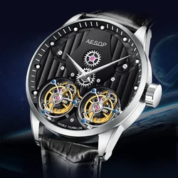 AESOP Luxury Skeleton Hollow Dual Tourbillon Wristwatches Men Sapphire Glass Leather Strap Gentleman Mechanical Waterproof Watch