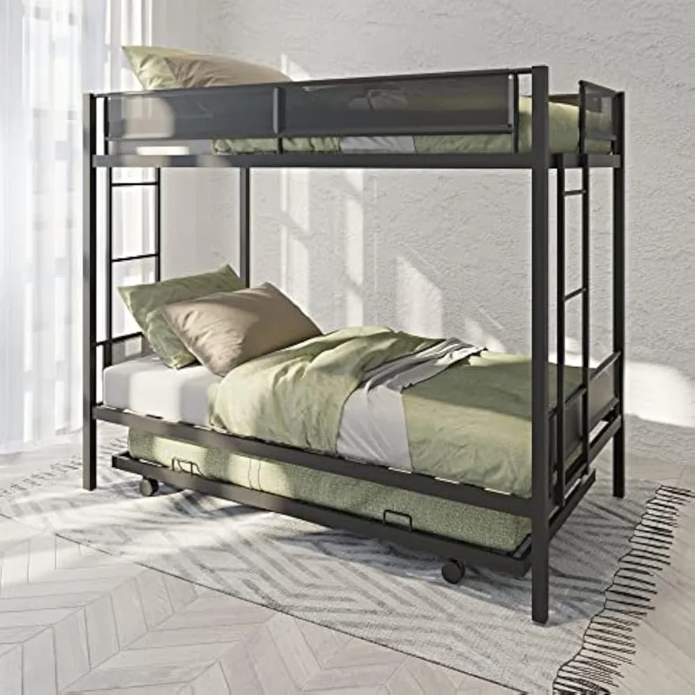 Litera de Metal Twin sobre Twin con Trundle, literas de servicio pesado con barandillas de textelina y listones de madera