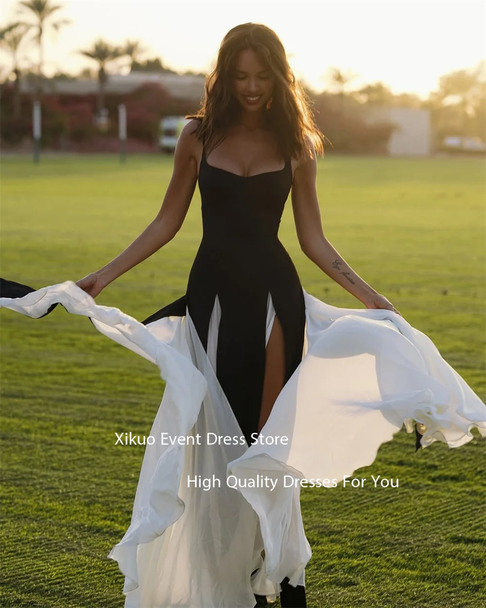 فساتين سهرة عصرية باللونين الأبيض والأسود من Xikuo بحزام سباغيتي على شكل حرف A Abito Cerimonia Donna بفتحة عالية للحفلات الراقصة مخصصة