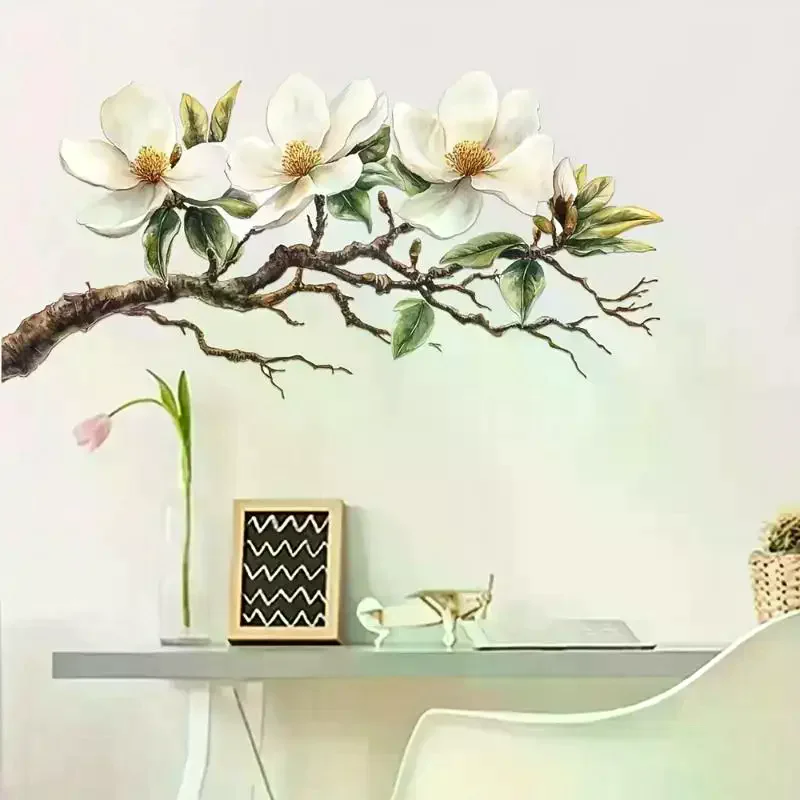 1pc Elegant White Magnolia Blossom Wall Decal Self-Adhesive Removable Sticker Perfect For Living Room