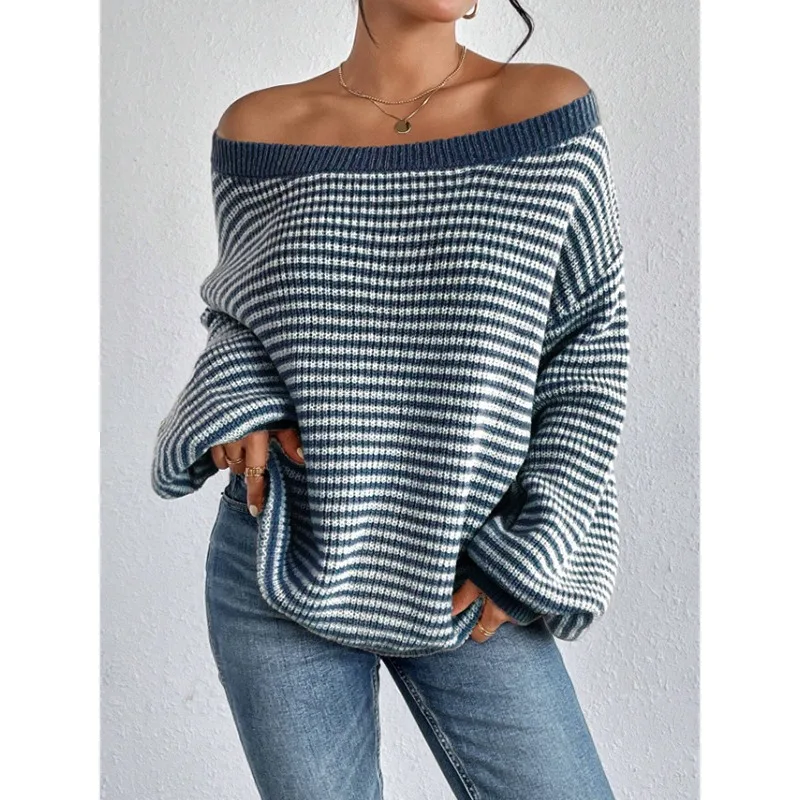 

Striped Pattern Drop Shoulder Sweater Long Sleeve Top Slash Neck Knitted Sweater Pullover Knitted Top For Women кофта женская