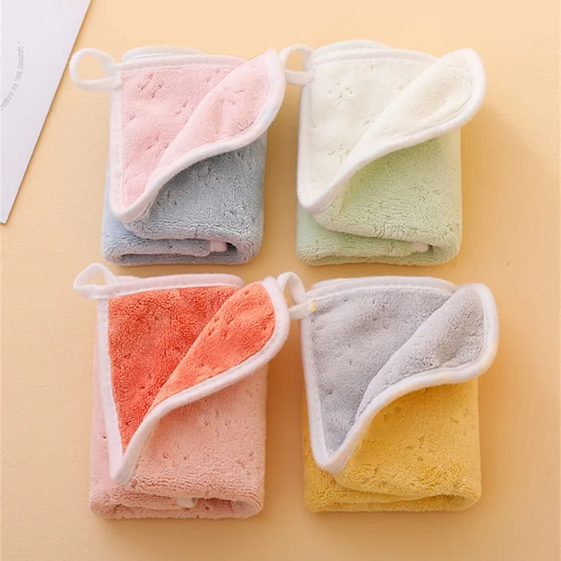 1Pc 25x25cm Double Sided Solid Color Coral Fleece Square Absorbent Soft Children Hanging Face Towel