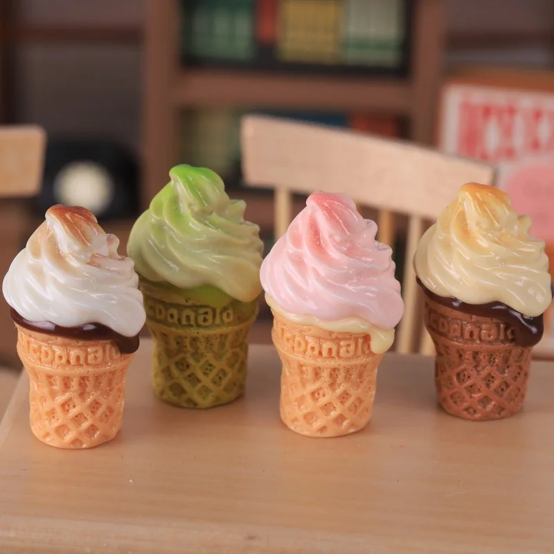 4pcs Mini Ice Cream Cone Model DIY Dessert Resin Accessories Fake Food Miniature Convenience Store Dollhouse Desktop Decor