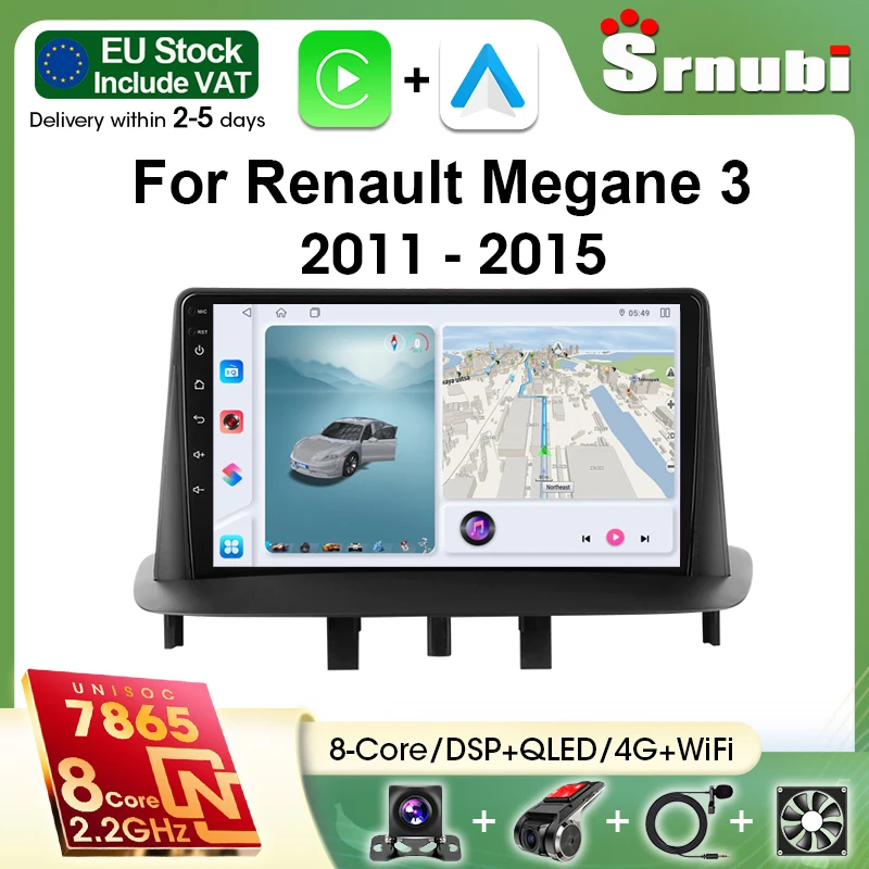 Srnubi pour Renault Megane 3 Fluence 2008 2009 2010 2011 2012 2013 2014 2Din Autoradio Lecteur Multimédia Carplay Android Auto GPS Système Intelligent de Voiture Unité Principale Navigation GPS