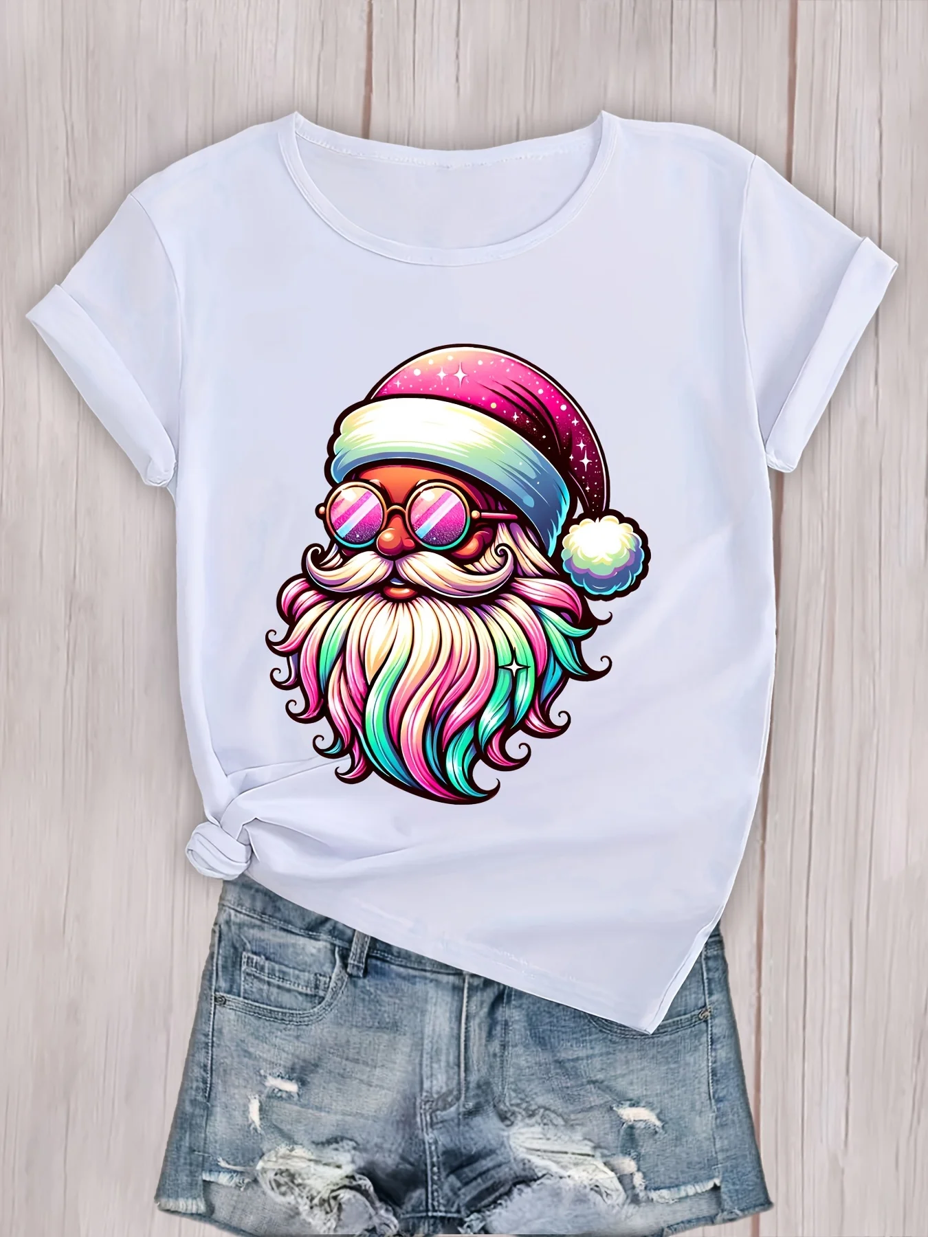 تي شيرت نسائي مطبوع عليه رسومات سانتا كلوز لعيد الميلاد الاحتفالي، مريح برقبة دائرية كاجوال وأكمام قصيرة، ملابس رياضية قابلة للتنفس