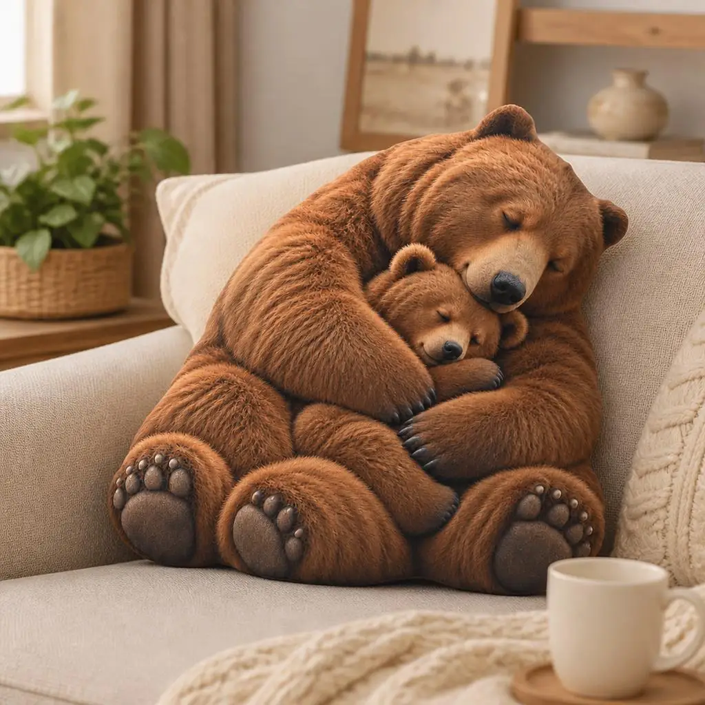 Brown Bear Cub Hug Shaped Pillow Stuffed Cushion Parent Child Love Throw Pillow for Sofa Home Decor Living Room Family Gift