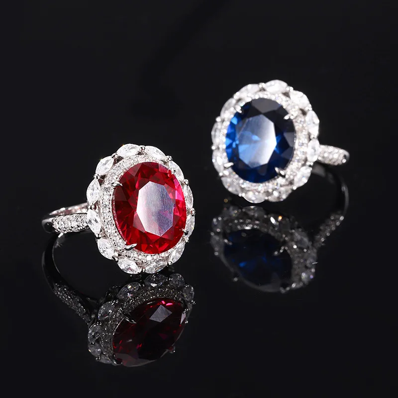 S925 Full body Silver Colorful Treasure Red Treasure Blue Treasure Full Diamond Closed Ring Main Stone 12 * 14