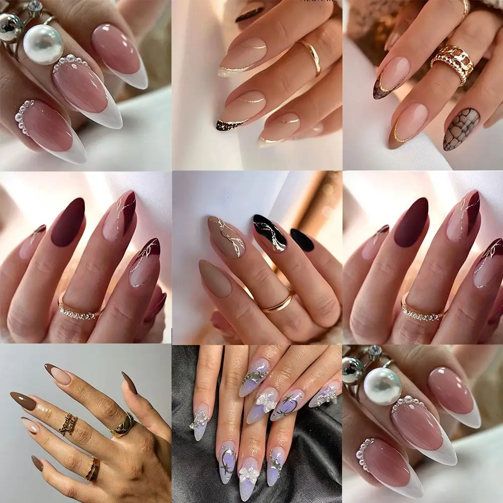 Manicure Long Almond False Nails French White Edge Press on Nails Detachable Bow Nail Tips DIY