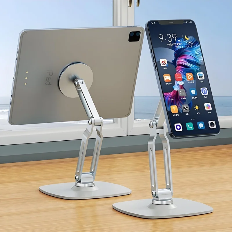 Suporte magnético de telefone para tablet de mesa de liga 2 em 1, suporte dobrável de três eixos com rotação 360 universal compatível com telefone e ipad