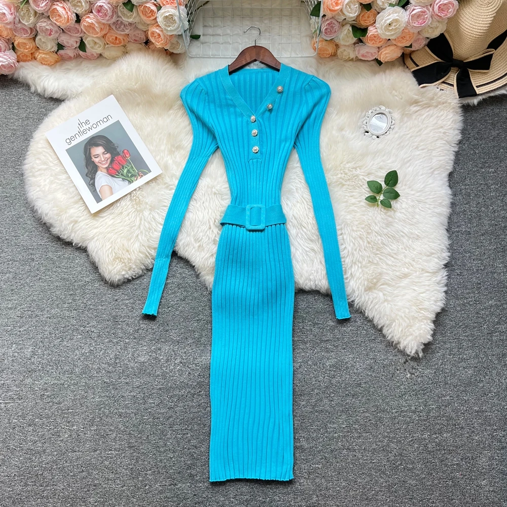 YuooMuoo YuooMuoo シックな美的女性ドレス 2025 秋冬 V ネックボタンニットロングドレスベルトレディパーティー Vestidos