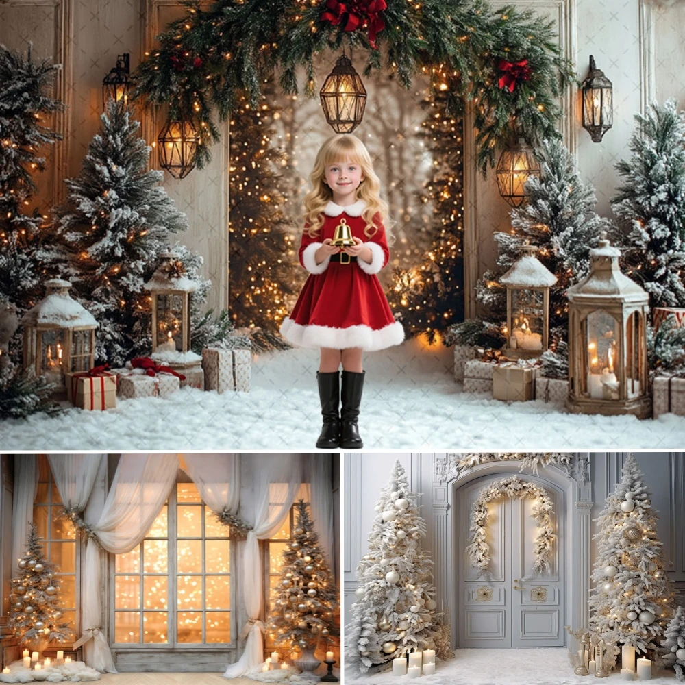 

﻿Merry Christmas Arch Door Photography Background Xmas Tree Gift Chic Wall Interior Decor Family Party Kid Portrait Backdrop