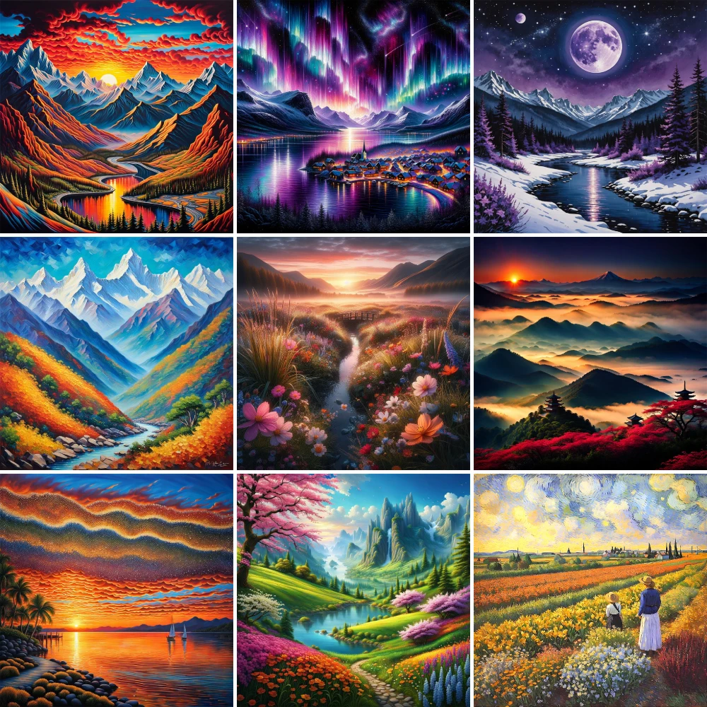 Landscape Nature Aurora Printed Cross Stitch Embroidery Set DMC Threads Craft Handiwork Knitting Hobby Wholesale Magic Package