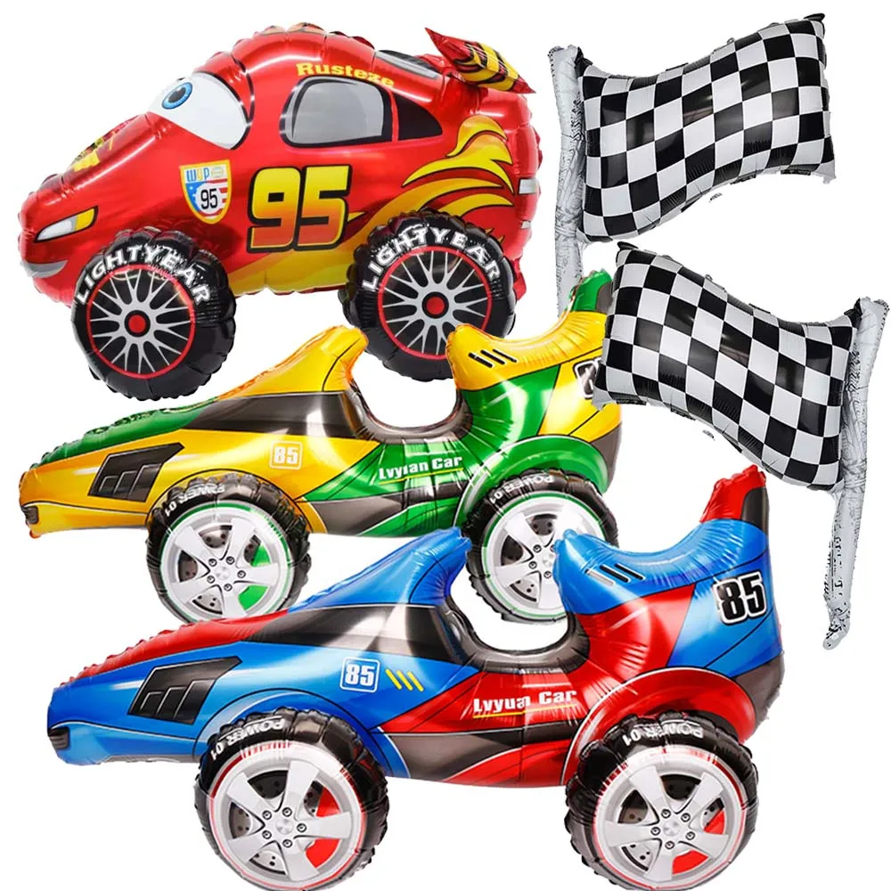 레이싱 카 모양 포일 풍선, 블랙 앤 화이트 체크 무늬 풍선, 스포츠 레이스 카 테마, 파티 용품, 소년 생일 축하