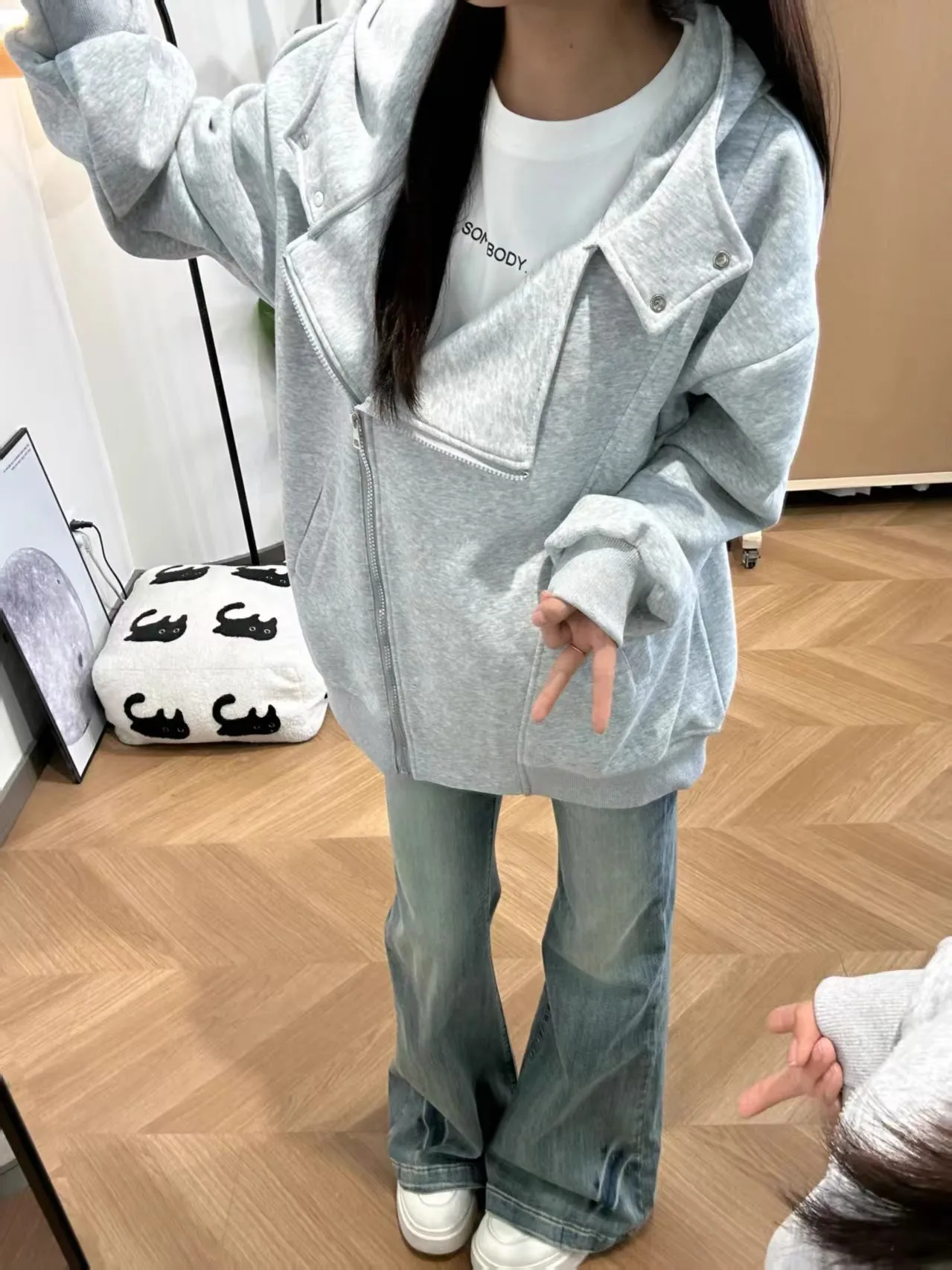 Original automne nouveau américain haute rue à capuche fermeture éclair ouvert Cardigan sweat-shirt ample ex Simple couleur vêtements d'extérieur